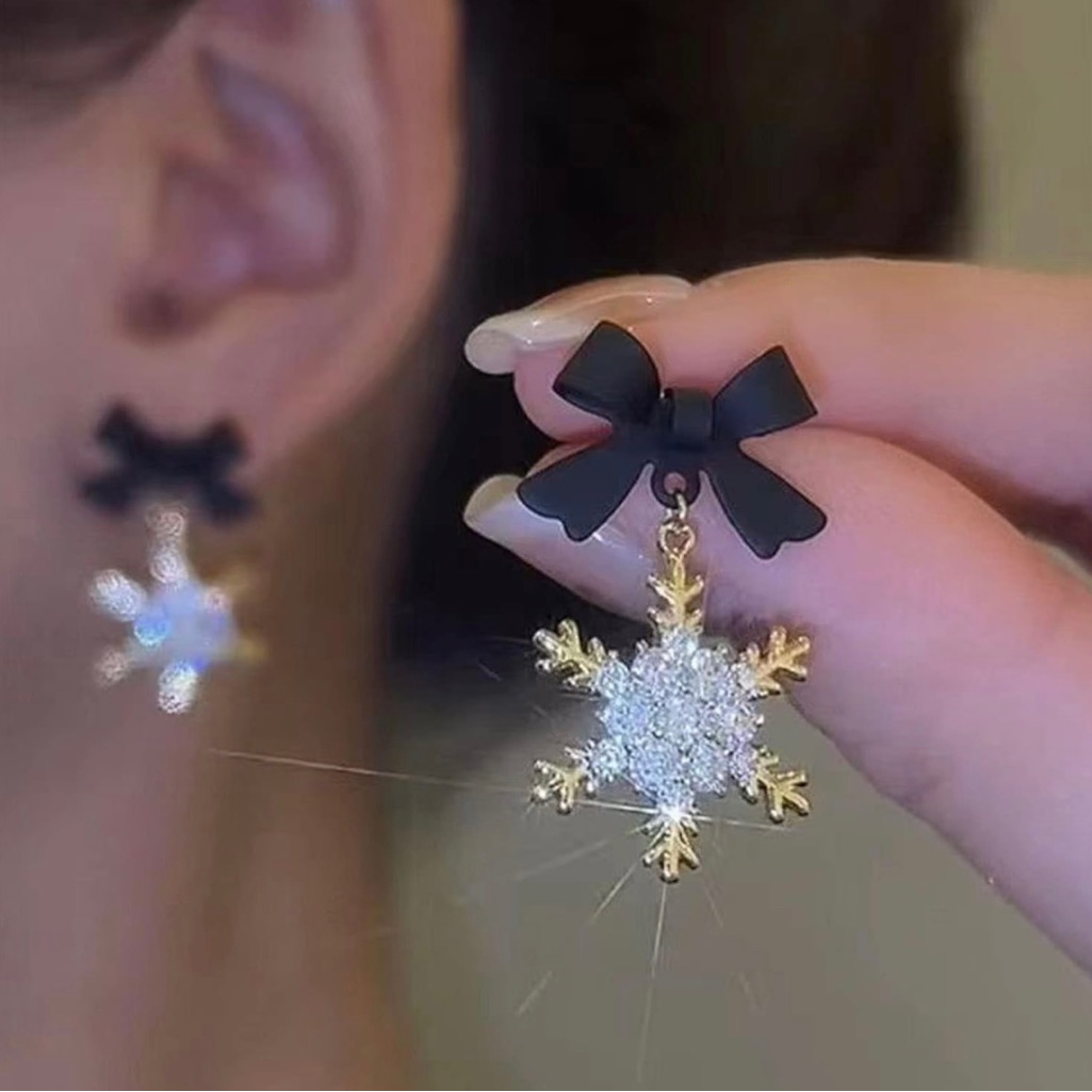 Christmas Earrings ~ Snowflake Bow Earrings - Gold Stud Christmas Earrings Box